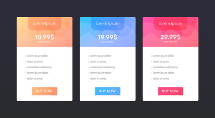 Set of clean price list colums. Three banners with tariffs. Flat web promo elements.