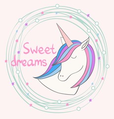 Sleeping Magic cute unicorn. Cute Hand Drawn greeting card.