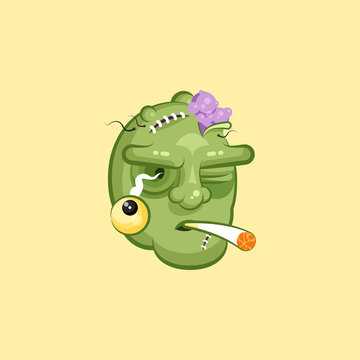 Head, terrible facial expression of zombie smoking cigarette emotion, emoji sticker for Happy Halloween