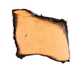 Old burning brown cardboard isolated on white background