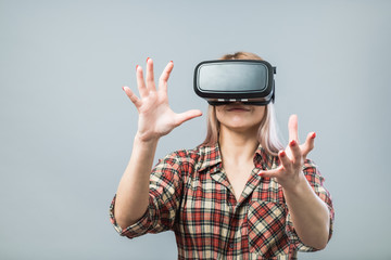 Cheerful woman with vr headset