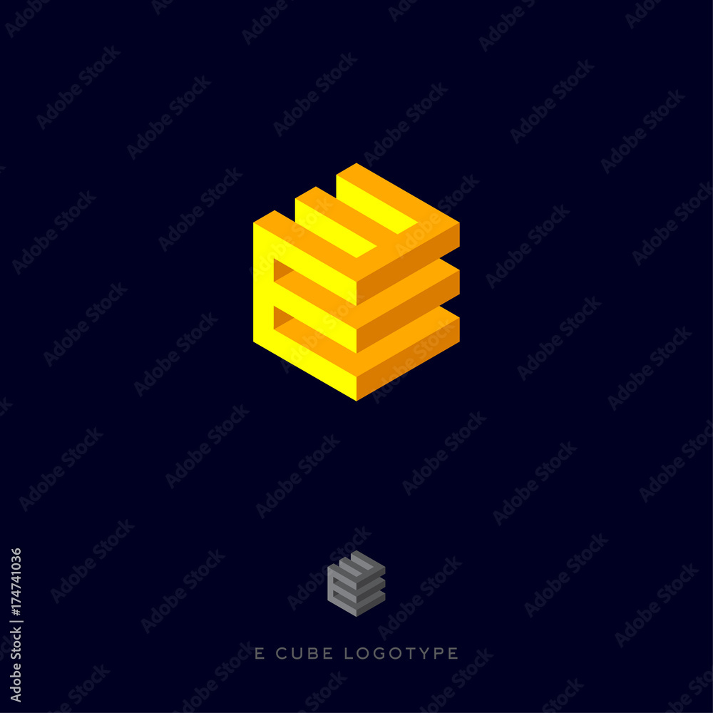 Wall mural e cube yellow logo. building logo. e monogram. e cube yellow logo on the dark background.