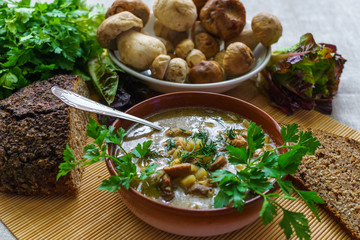 A plate of soup with mushrooms, along with rye bread and greens.