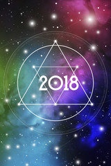 Astrological New Year 2018 Greeting Card or Calendar Cover on Cosmic Background.