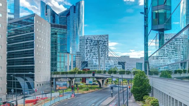 Skyscrapers of La Defense timelapse modern business and financial district in Paris with highrise buildings