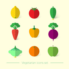 Flat vegetarian icons. Fruit and vegetables on a light background.