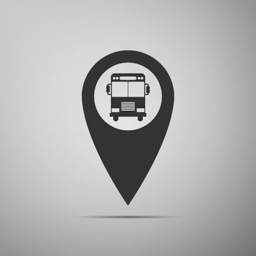 Map pointer with bus icon isolated on grey background. Flat design. Vector Illustration
