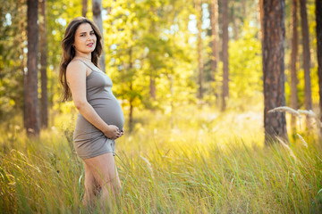 portrait of a beautiful young pregnant girl in a trendy dress against the background of an autumn forest