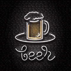 Vector isolated neon sign of beer mug for decoration on the wall background. Realistic neon logo for beer bar. Concept of cafe, pub or restaurant.