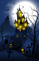 Fototapeta na wymiar Halloween background with haunted house, tombs, forest and full moon. Blue color.