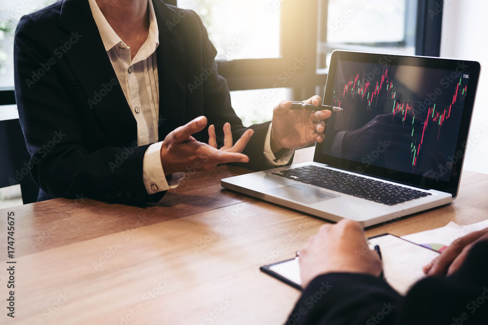 Poster business team investment working with computer and analysis graph stock market trading with stock ch