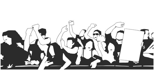 Black and white illustration of party crowd cheering at concert with blank sign