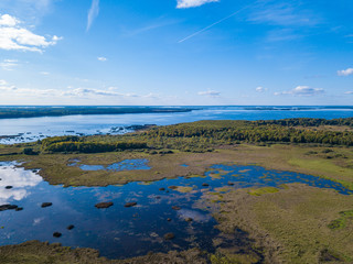 The coves of a large lake near Kostroma. Aerial view of nature. Russia.
