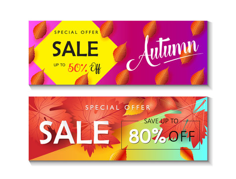 Mid season sale web banners set. Autumn Sale discount gift card. Fall maple leaves abstract background. Save up to half price. Shop whole sale coupon & discover up to 50% off text web banners vector.