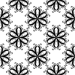 Black flowers on white background. Ornamental seamless pattern