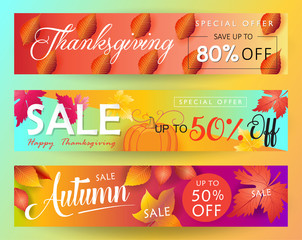 Mid season sale web banners set. Autumn Sale discount gift card. Fall maple leaves abstract background. Save up to half price. Shop whole sale coupon & discover up to 50% off text web banners vector.