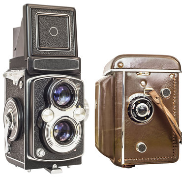 Old Analog Twin Lens Reflex Camera Without And in Brown Leather Casing Isolated On White Background