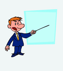 White businessman points out, angry, with a pointer. Is showing, as in a presentation, the data you want.