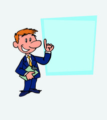 happy white businessman is showing, as in a presentation, the data you want. He has a folder in his hand.