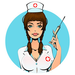 Sexy European nurse with a syringe for a shot. Avatar, icon. For adults. - obrazy, fototapety, plakaty