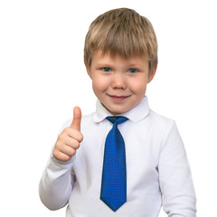 Portrait of happy boy showing thumbs up gesture, isolated over white background