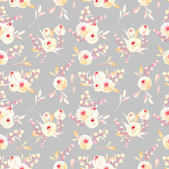 Seamless floral pattern with pink watercolor flower posies, hand-painted on a grey background