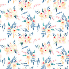 Seamless floral pattern with watercolor flower bouquets in pink and blue shades, hand-painted on a white background