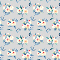 Seamless floral pattern with watercolor flower bouquets in pink and blue shades, hand-painted on a grey background