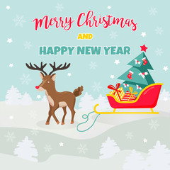 Holiday background with deer and sledge