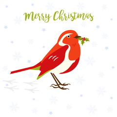 Holiday greeting card with cute robin bird