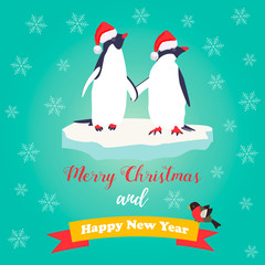 Christmas and New Year greeting card with cute penguins