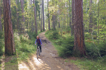 Obraz premium kobieta na rowerze po leśnej ścieżce w lesie iglastym wśród ogromnego modrzewia