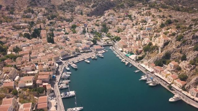 Aerial view of small town with colorful houses on Symi island