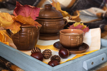 Breakfast on the tray in bed on a warm checkered brown veil. Autumn morning breakfast with coffee and decor from autumn leaves of forest spruce cones and chestnuts