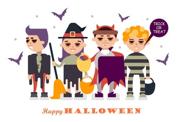 crowd of children in halloween costumes. flat vector illustration