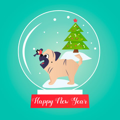 Christmas. New Year background with funny pug.
