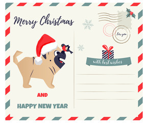 Christmas, New Year greeting card with pug