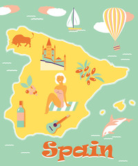 Vintage poster of Spain with attractions and landmarks.