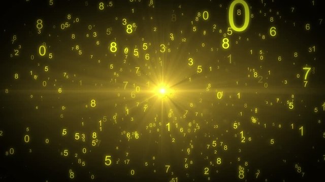 Flying through Golden Numbers on a black background. History background. technology concept. matrix of golden numbers. Abstract numbers background full hd and 4k. Futuristic background.
