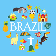 Tourist concept image with famous Brazilian landmarks, symbols and animals