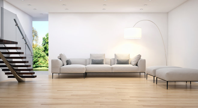 Modern bright living room, white wall. 3D rendering