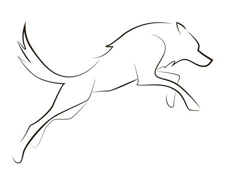 Running black line wolf on white background. Hand drawing vector graphic dog.