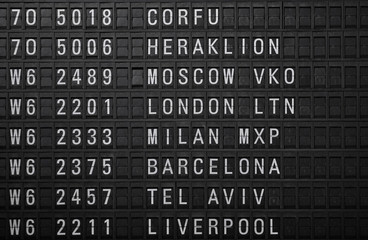 Departures board at the airport. Flight information mechanical timetable. Split flap mechanical departures board. Flight schedule