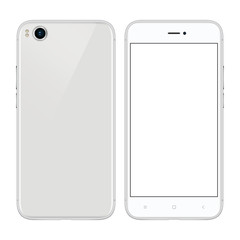 silver smartphone high detail, with a blank white screen and a rear camera and two flashes
