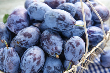 Basket with fresh ripe plums, closeup