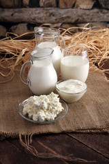 milk products. tasty healthy dairy products on a table on. sour cream in a bowl, cottage cheese bowl, cream in a a bank and milk jar, glass bottle and in a glass