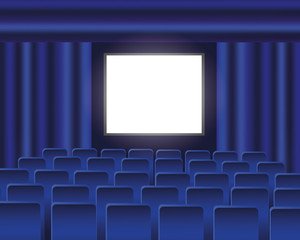 Obraz premium Cinema auditorium with blue seats and blank screen. Vector illustration
