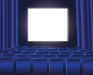 Cinema auditorium with blue seats and blank screen. Vector illustration