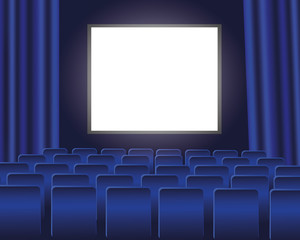 Fototapeta premium Cinema auditorium with blue seats and blank screen. Vector illustration