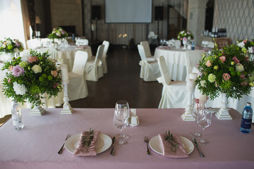 Beautiful flowers on table in wedding day